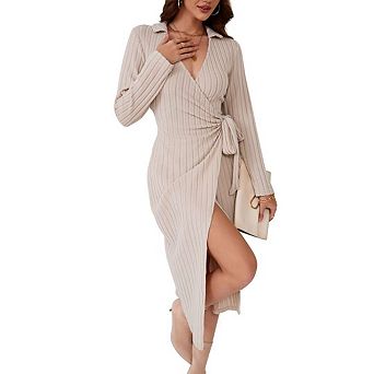 Women's V Neck Long Sleeve Knit Wrap Slit Mid Dress Tied Bodycon Dress