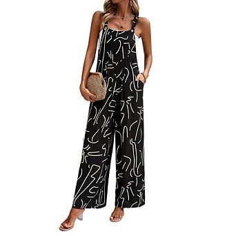 Women's Square Neck Overalls Printed Jumpsuit Loose Fit Wide Leg Jumpsuit With Pockets