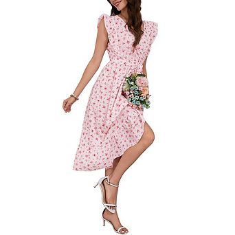 Women's Floral Dress Cross Neck Flying Sleeve Ruffle Midi Dress With Belt