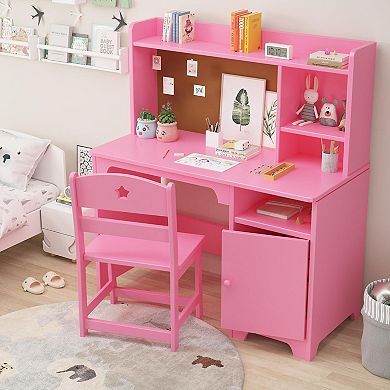 Kids Desk & Chair Set with Hutch, Storage Cabinet