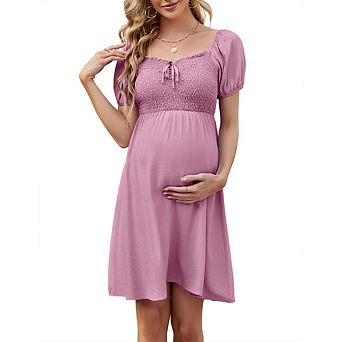Women's Maternity Midi Square Neck Puff Sleeves Casual Shirring A Line Dress Photoshoot Baby Shower
