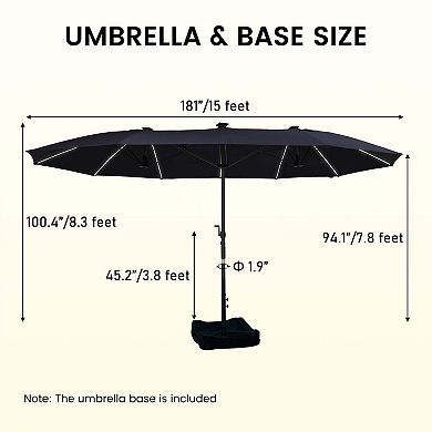 15 ft Navy Double-Sided Patio Umbrella, Fade & UV Resistant, with LED Lights and Heavy-Duty Base