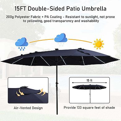 15 ft Navy Double-Sided Patio Umbrella, Fade & UV Resistant, with LED Lights and Heavy-Duty Base