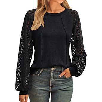 Women Business Casual Tops Lace Hollow Out Long Sleeve Shirts Crew Neck Fashion Blouse