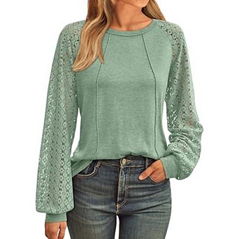 Women Business Casual Tops Lace Hollow Out Long Sleeve Shirts Crew Neck Fashion Blouse