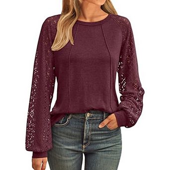 Women Business Casual Tops Lace Hollow Out Long Sleeve Shirts Crew Neck Fashion Blouse