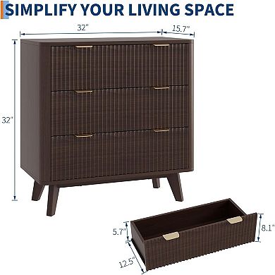 32" Width Modern Nightstands, Fluted Nightstand 3 Drawer Bedside Table Nightstand