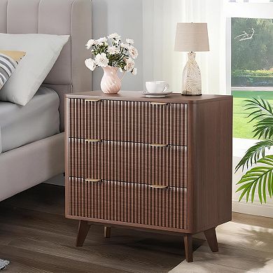 32" Width Modern Nightstands, Fluted Nightstand 3 Drawer Bedside Table Nightstand