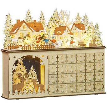 LOVMOR HOMCOM Light Up Wooden Christmas Advent Calendar LED Lights Natural