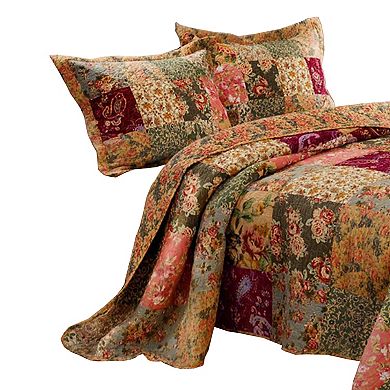 Kamet 3 Piece Fabric Full Size Bedspread Set With Floral Prints, Multicolor