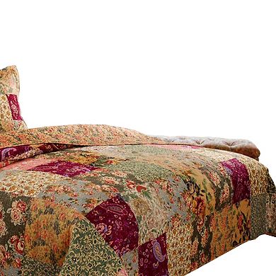 Kamet 3 Piece Fabric Full Size Bedspread Set With Floral Prints, Multicolor