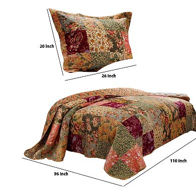 Kamet 3 Piece Fabric Full Size Bedspread Set With Floral Prints, Multicolor