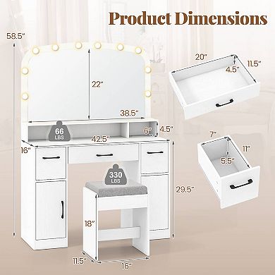 Costway Vanity Desk Makeup Table with with Stool Large Mirror 3-Color Lights for Bedroom