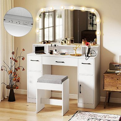 Costway Vanity Desk Makeup Table with with Stool Large Mirror 3-Color Lights for Bedroom