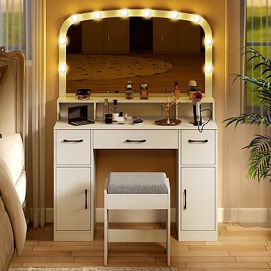 Costway Vanity Desk Makeup Table with with Stool Large Mirror 3-Color Lights for Bedroom