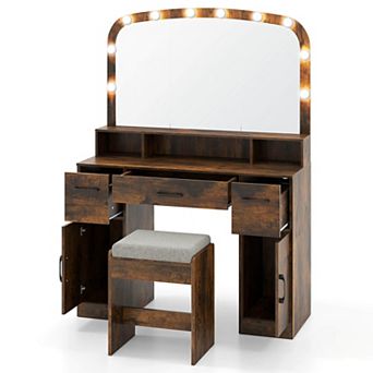 Costway Vanity Desk Makeup Table with with Stool Large Mirror 3-Color Lights for Bedroom