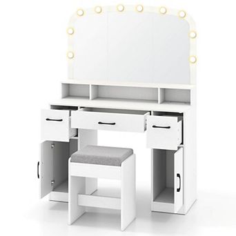 Costway Vanity Desk Makeup Table with with Stool Large Mirror 3-Color Lights for Bedroom