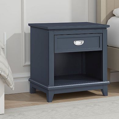 Sely Nightstand, 1 Drawer w Open Cubby, Wood, Ring Handle