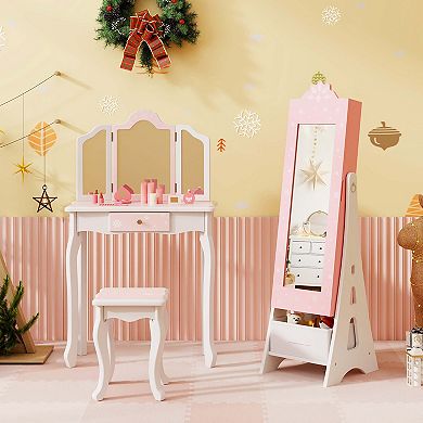34PI Costway Kids Vanity Set Princess Makeup Dressing Table & Chair Set with Jewelry Armoire