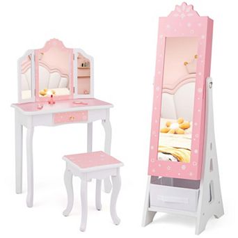 34PI Costway Kids Vanity Set Princess Makeup Dressing Table & Chair Set with Jewelry Armoire