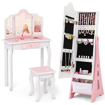 34PI Costway Kids Vanity Set Princess Makeup Dressing Table & Chair Set with Jewelry Armoire