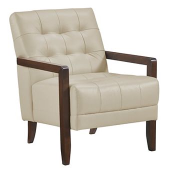 Lenie Accent Armchair, Button Tufted Beige Leather, Walnut Brown Wood