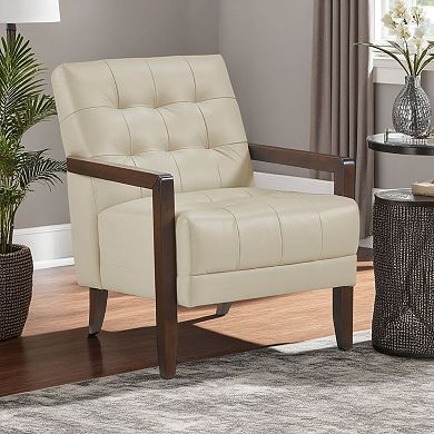 Lenie Accent Armchair, Button Tufted Beige Leather, Walnut Brown Wood