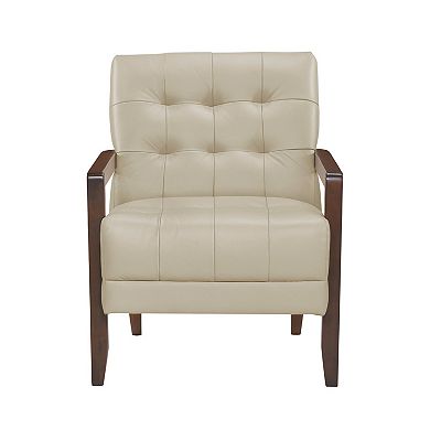 Lenie Accent Armchair, Button Tufted Beige Leather, Walnut Brown Wood