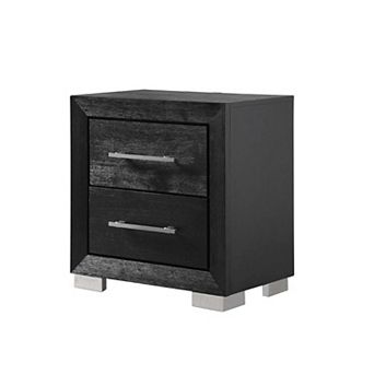 Ashen Nightstand w USB, 2 Drawers, Black Solid Wood, Chrome Metal, 26 Inch