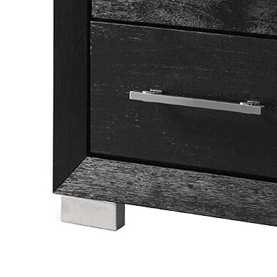 Ashen Nightstand w USB, 2 Drawers, Black Solid Wood, Chrome Metal, 26 Inch