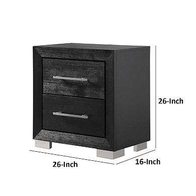 Ashen Nightstand w USB, 2 Drawers, Black Solid Wood, Chrome Metal, 26 Inch