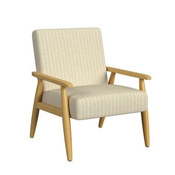 Accent Armchair, Beige and White Stripe Pattern Fabric, Solid Wood