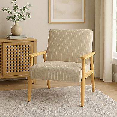 Accent Armchair, Beige and White Stripe Pattern Fabric, Solid Wood