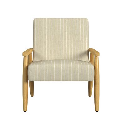 Accent Armchair, Beige and White Stripe Pattern Fabric, Solid Wood