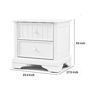 Toli Nightstand 2 Drawers w Round Knobs, White Solid Hardwood, 24 Inch