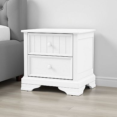 Toli Nightstand 2 Drawers w Round Knobs, White Solid Hardwood, 24 Inch
