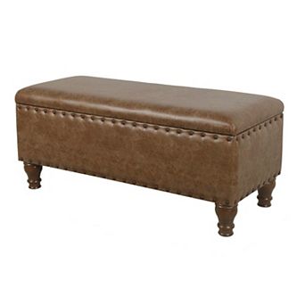 Ava Accent Storage Bench, Distressed Brown Faux Leather, 42 Inch