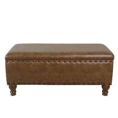 Ava Accent Storage Bench, Distressed Brown Faux Leather, 42 Inch