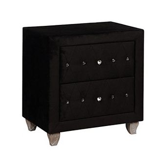 Rea Nightstand, 2 Drawers with Crystal Knobs, Black Velvet Upholstery