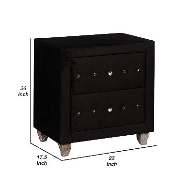 Rea Nightstand, 2 Drawers with Crystal Knobs, Black Velvet Upholstery