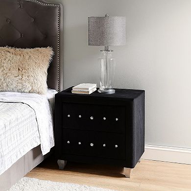 Rea Nightstand, 2 Drawers with Crystal Knobs, Black Velvet Upholstery