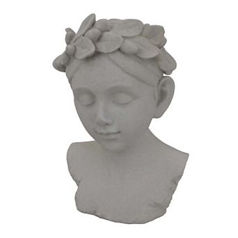 Sanie Decorative Female Bust with Floral Crown, Gray Resin 17 Inch