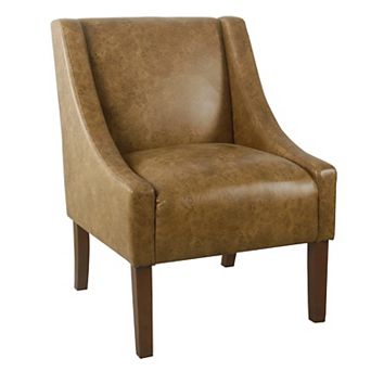 Accent Chair, Distressed Brown Faux Leather with Sloped Arms