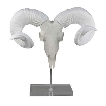 Mitch Bighead Sheep Ram Sculpture w Curved Horns, White Resin 16 Inch