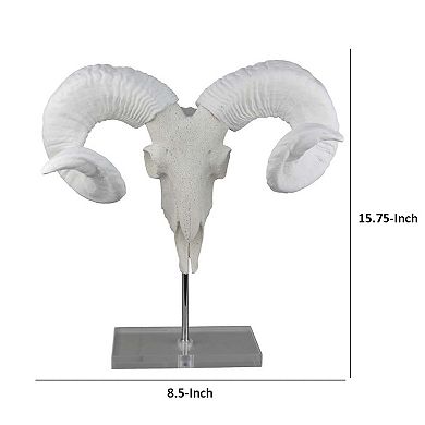Mitch Bighead Sheep Ram Sculpture w Curved Horns, White Resin 16 Inch