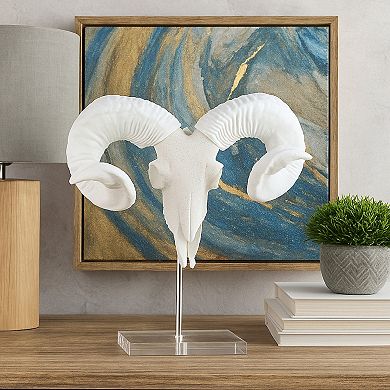 Mitch Bighead Sheep Ram Sculpture w Curved Horns, White Resin 16 Inch
