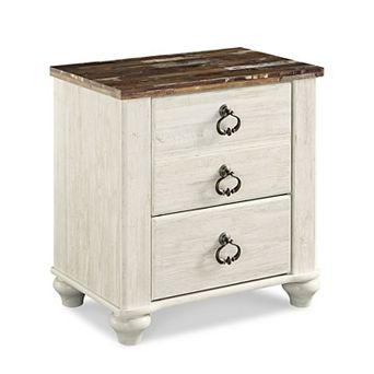 Isla Nightstand, 2 Drawers, 2 USB, Brown Wood Top, Rustic Whitewash