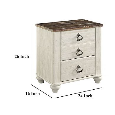 Isla Nightstand, 2 Drawers, 2 USB, Brown Wood Top, Rustic Whitewash