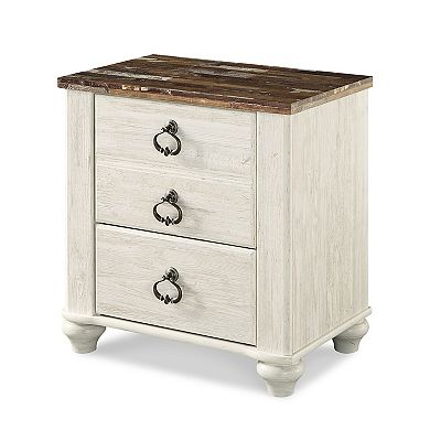 Isla Nightstand, 2 Drawers, 2 USB, Brown Wood Top, Rustic Whitewash