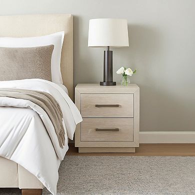 Kexa Nightstand, USB and LED, 2 Drawers Chrome Handles, Light Gray